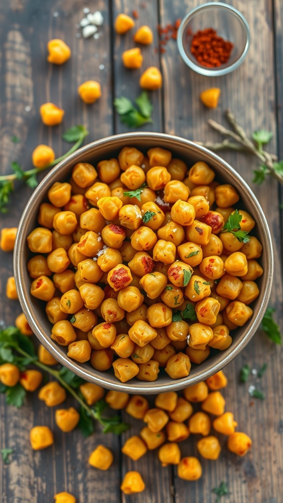 A bowl of crispy roasted chickpeas, seasoned and golden brown, on a rustic table with scattered spices.